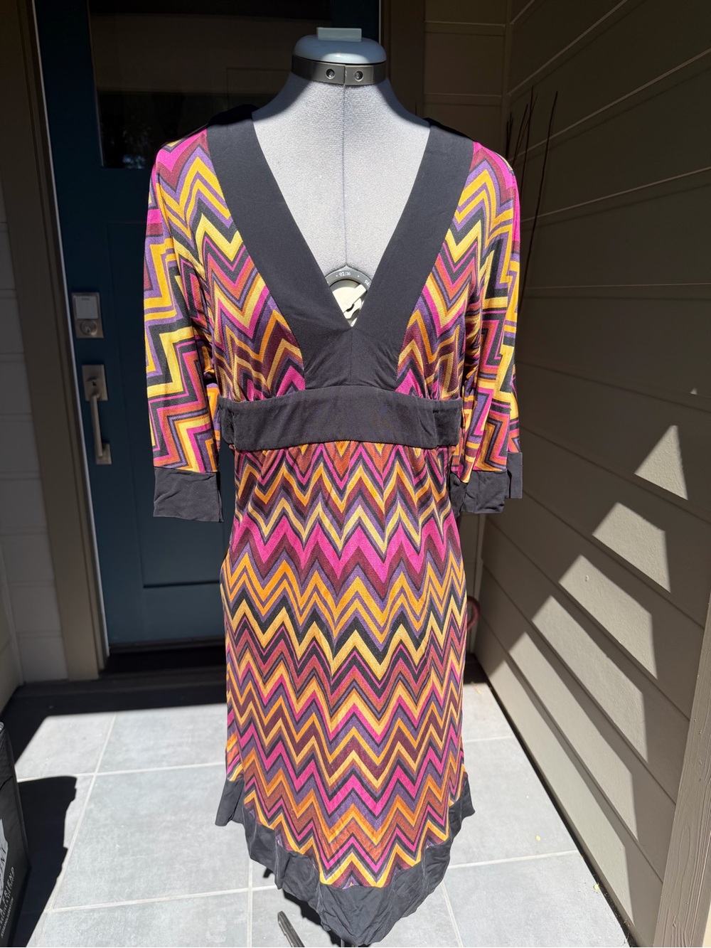 Trina Turk Black Dress with Pink Purple Orange Yellow Stripe Detail